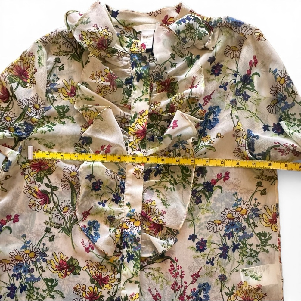 H&M Floral Ruffle Front Blouse Sheer Long Sleeve Size 8 - Picture 5 of 8